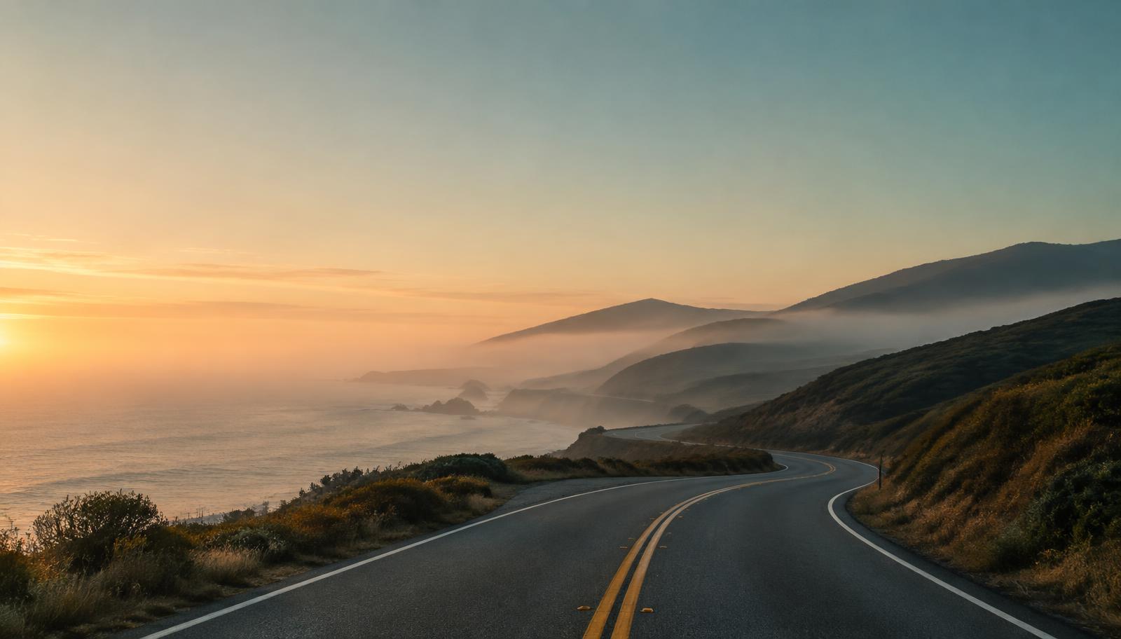 An empty coastal road curving through misty hills at dawn, evoking the journeys Univay will help plan